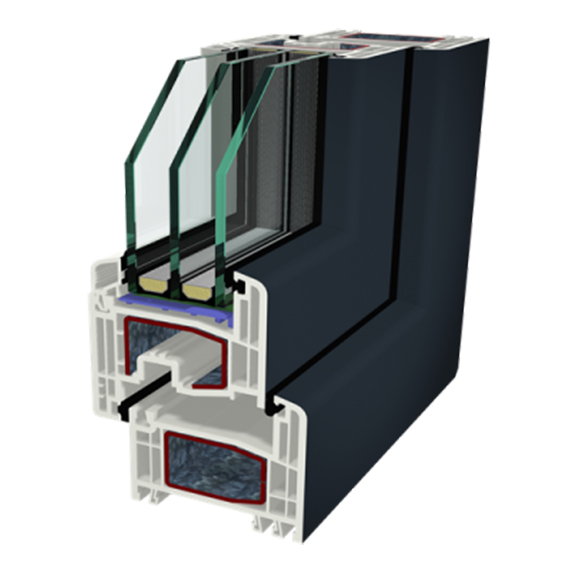 Taq-Ferestre PVC-Ferestre-S8000-Secțiune transversală a unui profil PVC cu geam tripan, ideal pentru izolare termică și fonică superioară.
