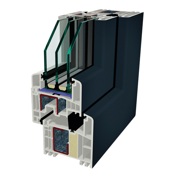 Taq-Ferestre PVC-Ferestre-S9000-Secțiune transversală a unui profil PVC cu geam tripan, ideal pentru izolare termică și fonică avansată.