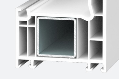 Taq-Ferestre PVC- Usi PVC-Ferestre-Softline-70-5-Secțiune transversală a unui profil PVC multicameral cu armătură metalică, oferind rezistență și izolare termică superioară.