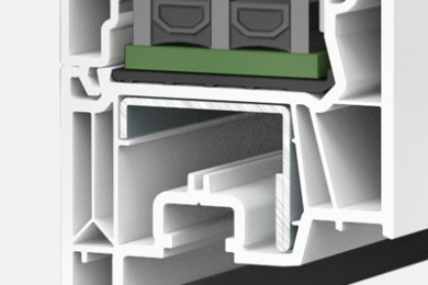 Taq-Ferestre PVC-Usi Pvc-Ferestre-Softline-76-4-Secțiune transversală a unui profil PVC cu armătură metalică, garnitură de etanșare și structură multicamerală pentru izolare termică și fonică superioară.