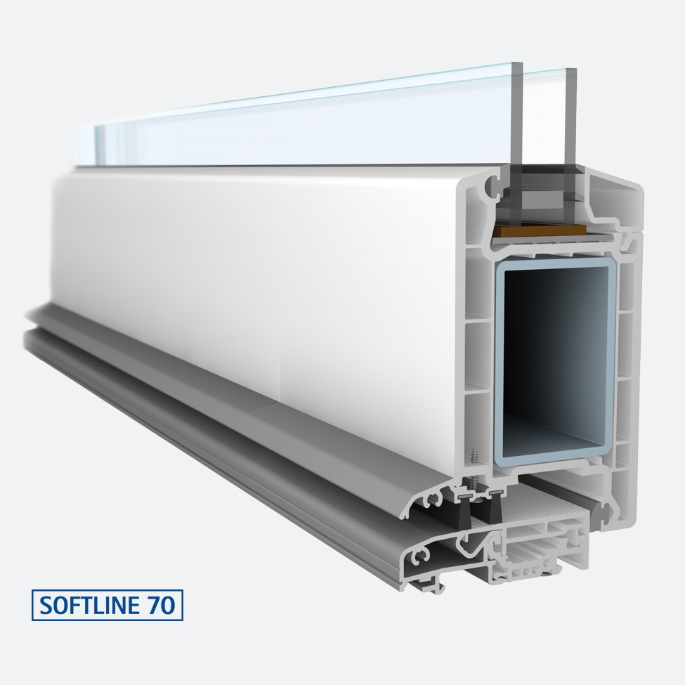 Taq-Usi-Softline-70-1-Secțiune transversală a profilului PVC Softline 70, cu geam termoizolant dublu și ranforsare metalică.