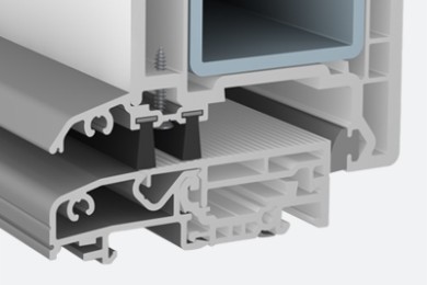 Taq-Usi-Softline-70-4-Secțiune transversală a unui sistem de profil PVC pentru ferestre, cu detalii despre garnituri de etanșare și ranforsare metalică.
