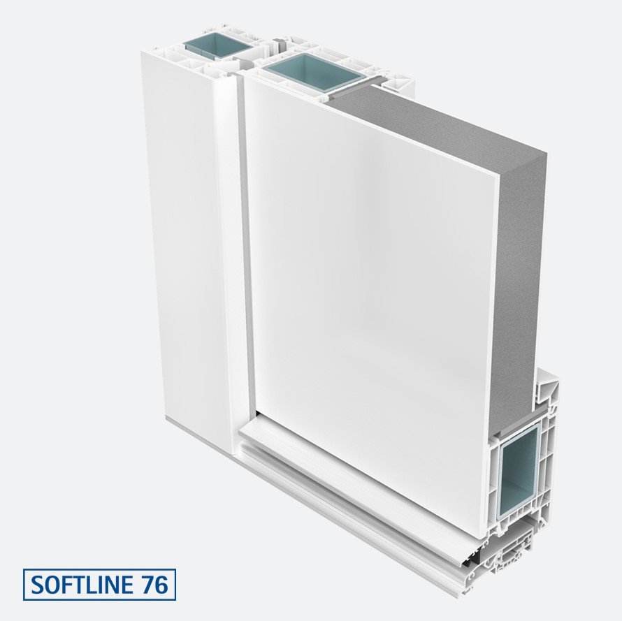 Taq-Usipvc-Usi-Softline-76-1-Secțiune transversală a profilului de ușă PVC Softline 76, cu izolare termică avansată și ranforsare metalică.
