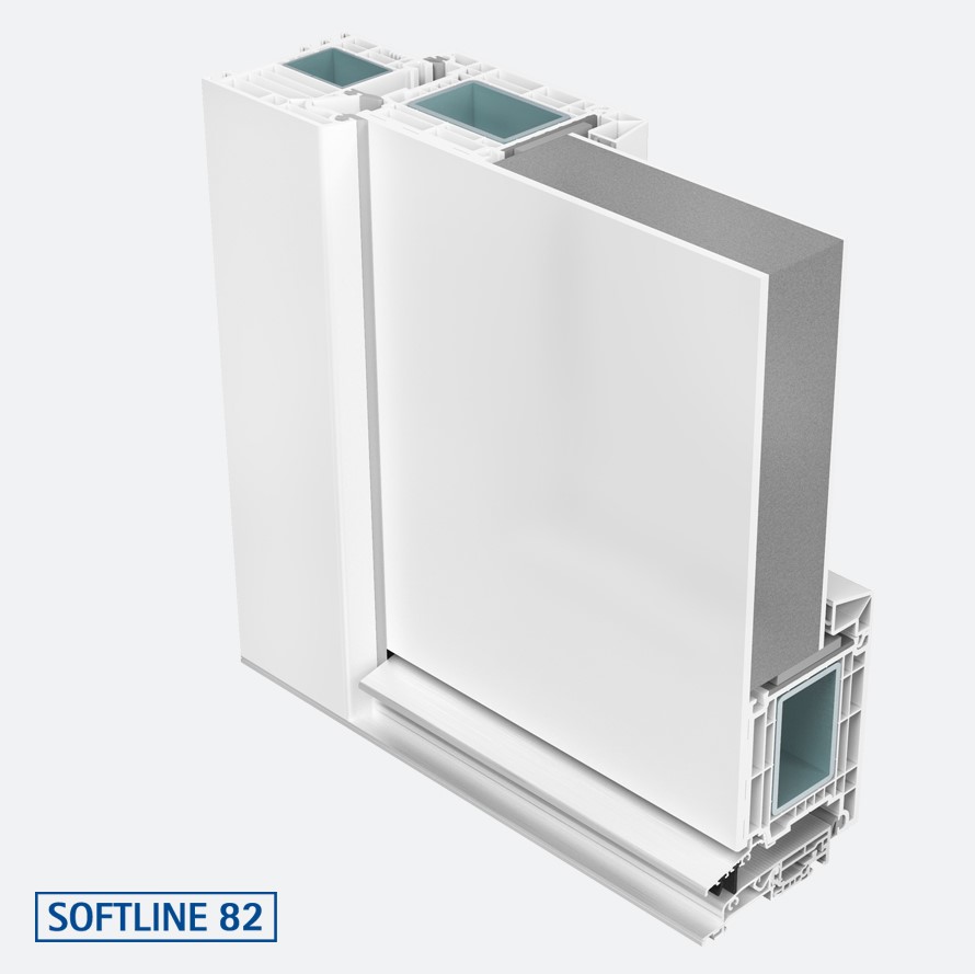 Taq-Usi PVC-Usi-Softline-82-1- Secțiune transversală a profilului de ușă PVC Softline 82, cu izolare termică avansată și ranforsare metalică.